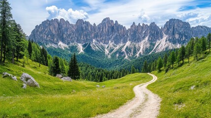 Fototapeta premium A mountain landscape with a winding dirt road leading through fields and forests, framed by majestic peaks.