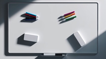 Top View of a Whiteboard With Colorful Markers and Erasers Under Soft Lighting