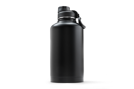 Standing Black Metal Standing 64 oz Insulated Water Bottle Half Gallon Stainless Steel Sports Water Flask Jug  with transparent shadow
