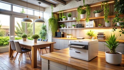Fototapeta premium Modern Multifunction Printer on Wooden Table in Stylish Kitchen Interior - Sleek Design, Home Office Setup, Functional Space