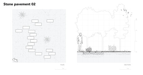 Architectural Drawings, Minimal style cad tree line drawing, Side view, plan and section forest outline symbol for landscape design drawing. Vector illustration in stroke fill in white. © feipco