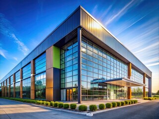 Obraz premium Modern Warehouse Exterior Architecture - Contemporary Design, Industrial Aesthetics, Urban Landscape, Sustainable Building, Innovative Structures, Warehouse Facade, and Exterior Features