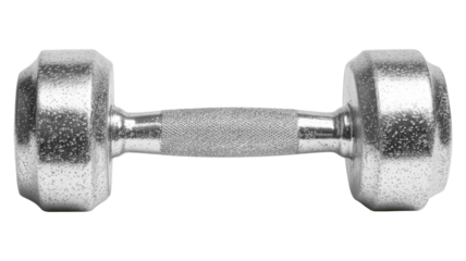 A shiny silver dumbbell resting on a neutral background, perfect for home workouts or gym exercises focused on strength training.