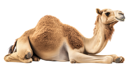 A close-up view of a resting camel lying on its side under the sun, showcasing its soft fur and relaxed posture in a warm desert environment.