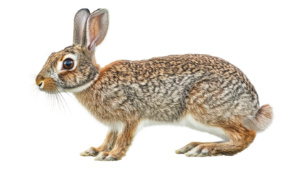A wild rabbit showcasing its unique fur pattern while cautiously exploring a grassy area under natural lighting.