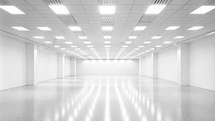 Empty 3d white room with stripes of ceiling lights. 3d rendering of white empty space in room, ceramic tile floor in perspective, window and ceiling strip light. Interior home design clean, bright