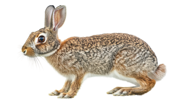 A wild rabbit showcasing its unique fur pattern while cautiously exploring a grassy area under natural lighting.