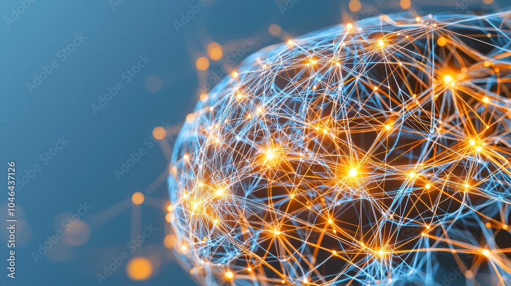 Poster abstract representation of interconnected neural networks with glowing nodes on a blue background sy