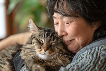 Woman lovingly embracing her cat in cozy home.