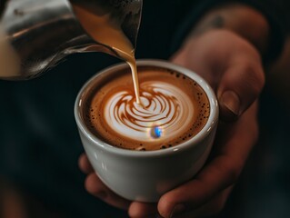 A close-up of a hand pouring steamed milk into a coffee cup, creating intricate latte art.