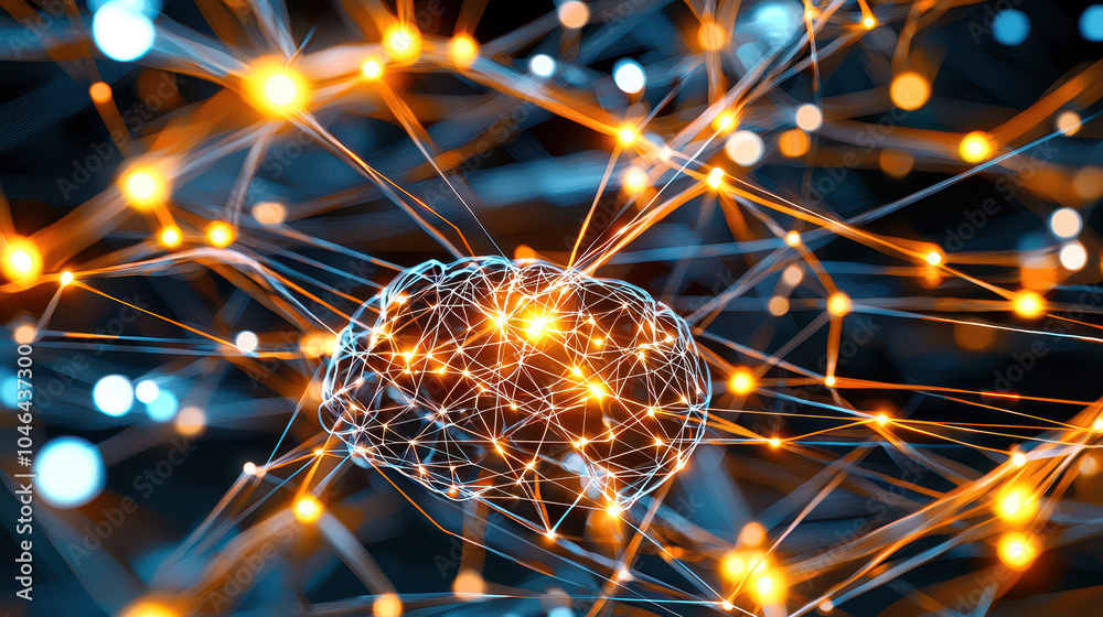 Poster abstract representation of a human brain interconnected with glowing neural pathways and vibrant lig