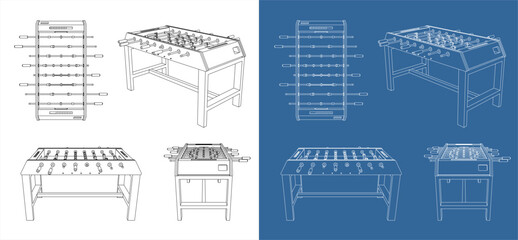 set foosball table vector . hand football or soccer game technical drawing blueprints line drawings isolated on transparent background