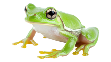 A close-up of a green frog perched on a surface showcasing its vibrant colors and unique features during daylight hours.