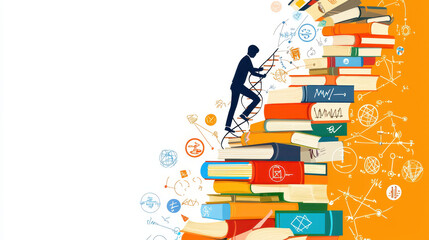 Man climbing a staircase made of colorful books with scientific symbols and icons illustrating learning and knowledge acquisition