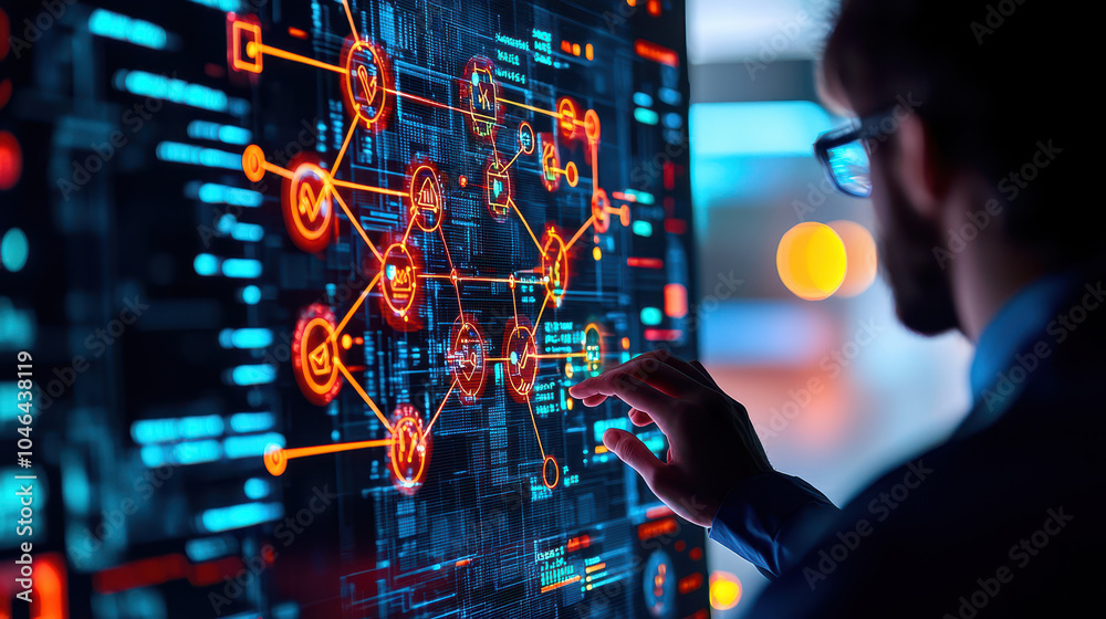 Poster professional analyzing digital data on a futuristic touch screen interface with graphs and icons glo