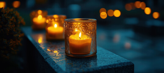 Close-up of Candles in Glass Lanterns at a Cemetery