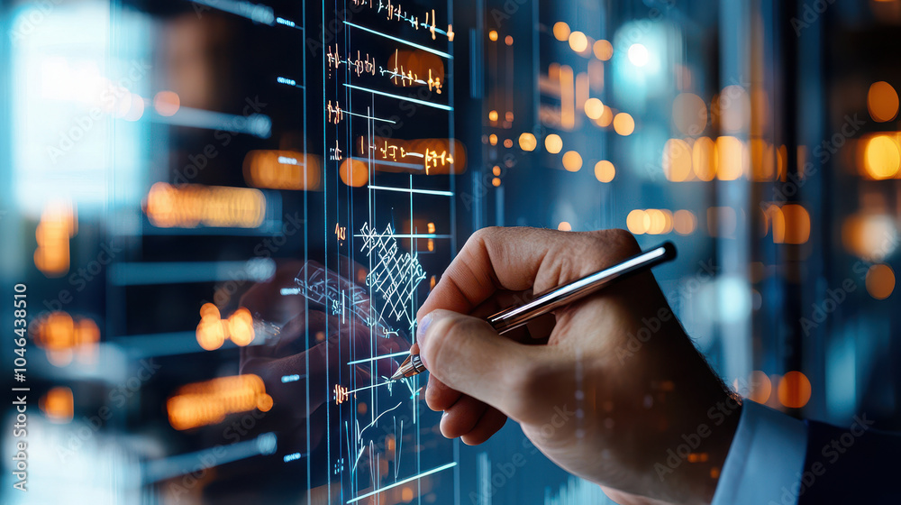 Poster business professional analyzing data on a touchscreen display with graphs and metrics in a modern of