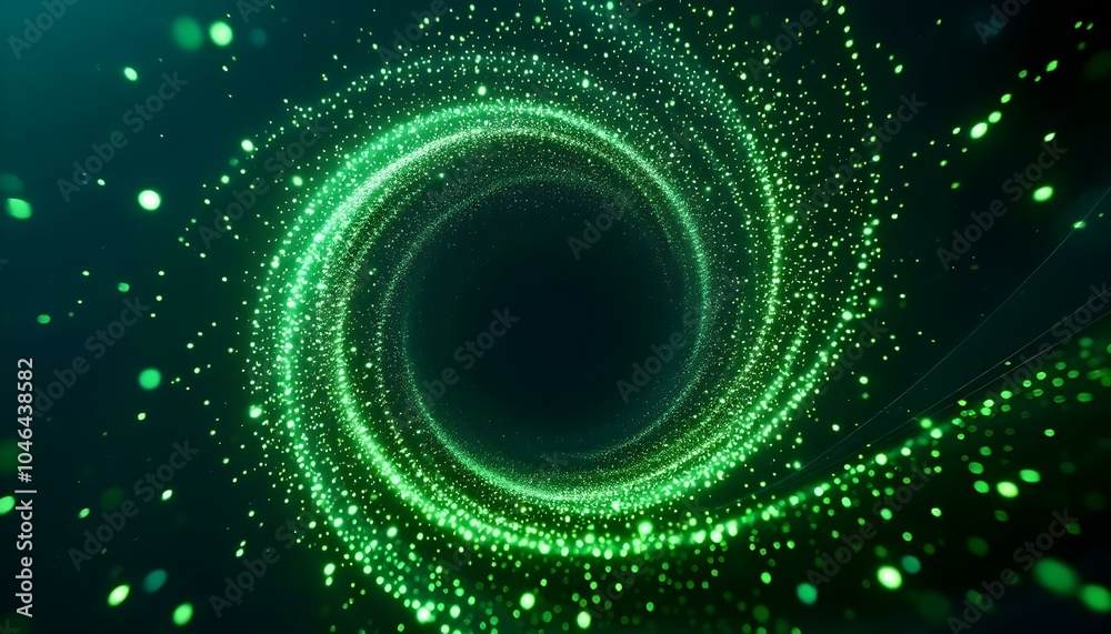 Poster Digital vibration and sound wave. Circle pulse wave with points and particles on the dark background. 3D rendering. Radial pulse sea. 3D drip drop. Big data grid.