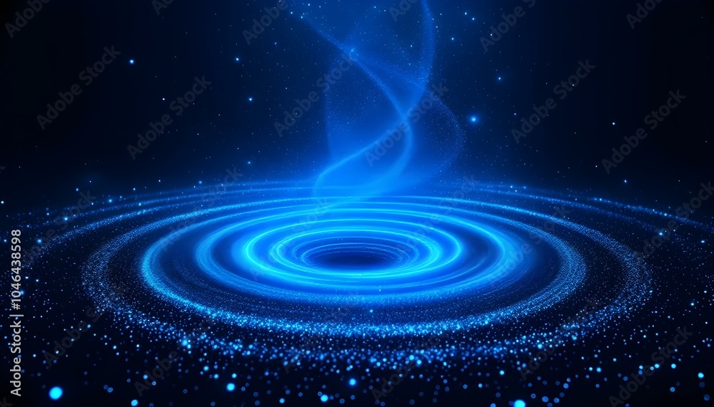 Poster Digital vibration and sound wave. Circle pulse wave with points and particles on the dark background. 3D rendering. Radial pulse sea. 3D drip drop. Big data grid.