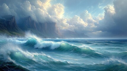 Fototapeta premium Serene ocean waves crashing against cliffs under a dramatic sky.