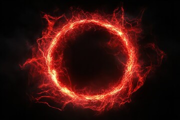 Red abstract circular plasma lightning particle effect with a swirling glow ring, featuring particle effects layered over an isolated black background.