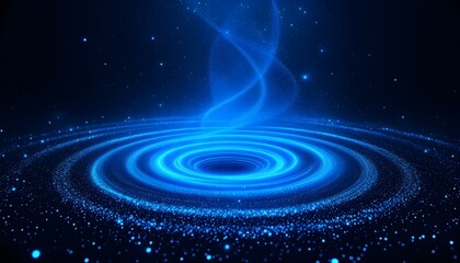 Digital vibration and sound wave. Circle pulse wave with points and particles on the dark background. 3D rendering. Radial pulse sea. 3D drip drop. Big data grid.