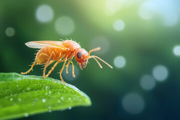 Naklejka premium Intriguing close-up of a vibrant orange fly resting on a green leaf with beautiful bokeh background in nature