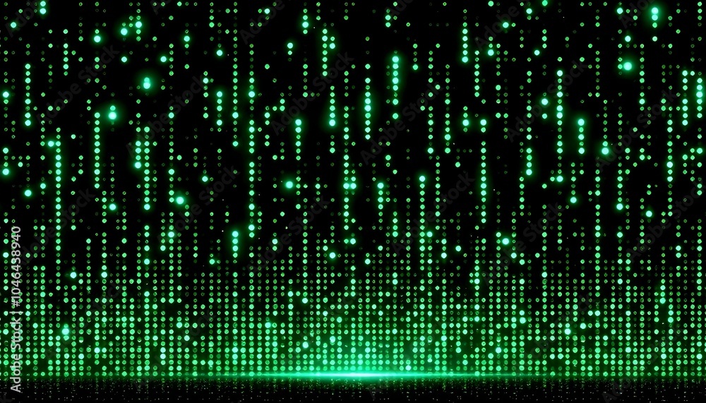 Poster Digital green matrix. Futuristic dots background. Cyber texture with particles of different sizes. Technology illustration. Green matrix background. Technology stream binary code. 
