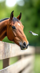 Obraz premium A curious horse interacting with a fly on a sunny day in the countryside
