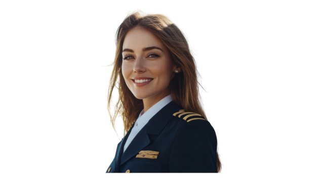 A confident female pilot in uniform smiles warmly, showcasing her pride and professionalism against a neutral background.