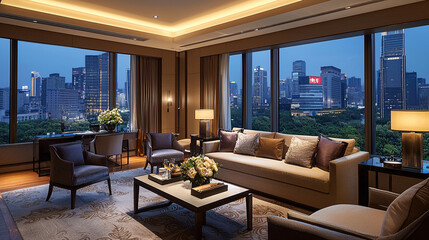 Fototapeta premium a luxury hotel suite with a spacious living area