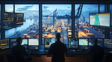 Control room overseeing cargo operations with monitors and harbor view.