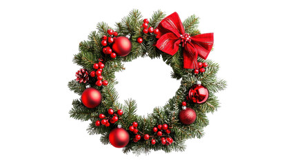 Beautiful Christmas wreath adorned with red ornaments and a bow, perfect for holiday decor and festive celebrations.