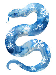 Blue snake with white snowflakes winter pattern on skin illustration. Isolated clip art for Chinese New Year 2025.