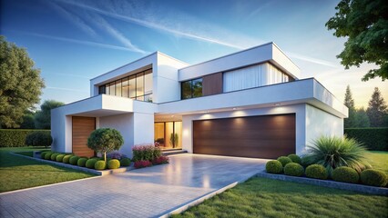 Fototapeta premium Minimalist 3D Rendering of Contemporary White House with Garage - Place for Text or Design