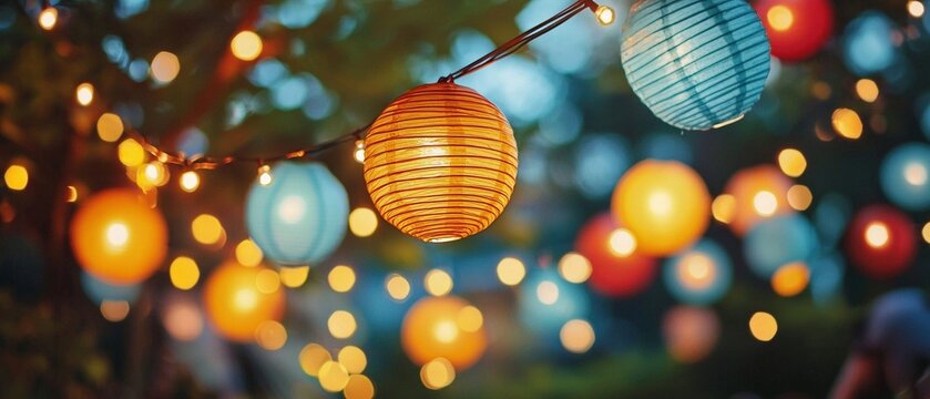 Partydekoration f&uuml;r eine Gartenparty im Sommer, Leuchtende Lampion Girlande 