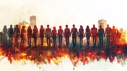 Crédence de cuisine  Silhouettes of diverse people holding hands symbolize unity and collaboration against a cityscape backdrop.  © TensorSpark