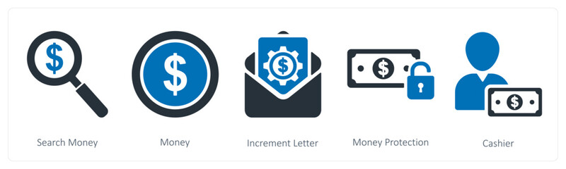 A set of 5 business icons as search money, money, increment letter
