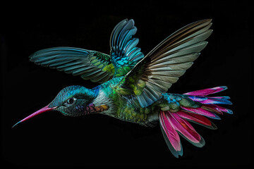 Obraz premium Beautiful hummingbird in flight, green body with blue head and pink tail