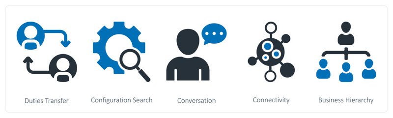 A set of 5 business icons as duties transfer, configuration search, conversation