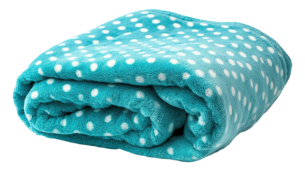 Cozy turquoise blanket with white polka dots folded neatly on a transparent background.