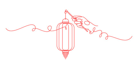 Chinese new year vector. Line art style hand holding lantern.