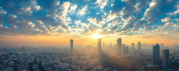 Naklejka premium Tel Aviv city skyline under bright blue sky with clouds. Modern skyscrapers and urban landscape.