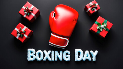 Boxing Day concept photography featuring a red boxing glove surrounded by red gift boxes with green bows on a dark background, with text "BOXING DAY" in white letters with frost/ice effect