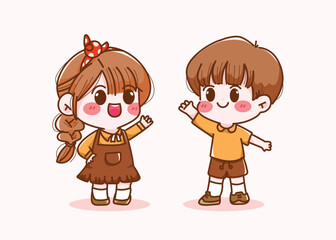 Hand drawn kawaii Girls and boys standing waving  cute cartoon vector illustration