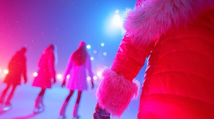 Vibrant Winter Fashion Fun: Women in Colorful Attire Ice Skating under Holiday Lights