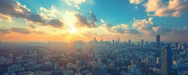 Obraz premium Tel Aviv city skyline under bright blue sky with clouds. Modern skyscrapers and urban landscape.