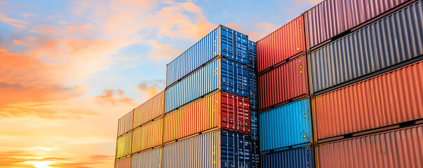 Fototapeta premium Close-up of stacked shipping containers reflecting the setting sun
