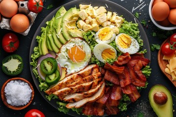 Cobb salad with chicken avocado bacon tomato cheese eggs American cuisine Overhead view Flat lay banner