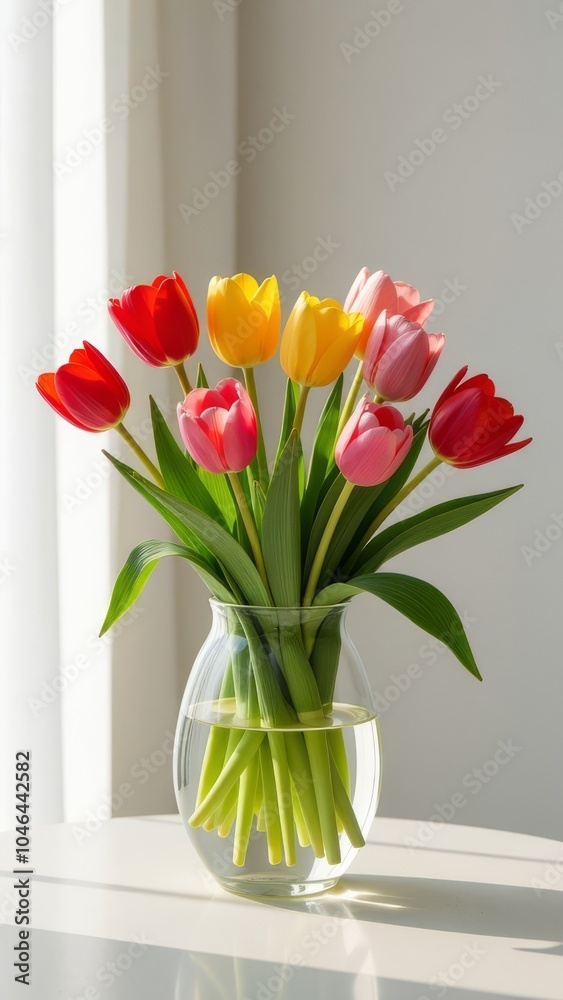 Poster A vase of tulips sits on a table in a room with a window